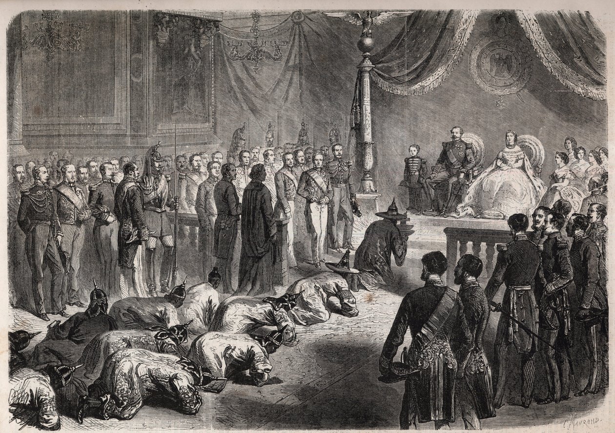 Os embaixadores do Sião rastejam em direção à família francesa imperiosa durante uma audiência solene em Fontainebleau na presença de Napoleão III (1808-1873), Eugenie (Eugenia de Montijo) de Unknown artist