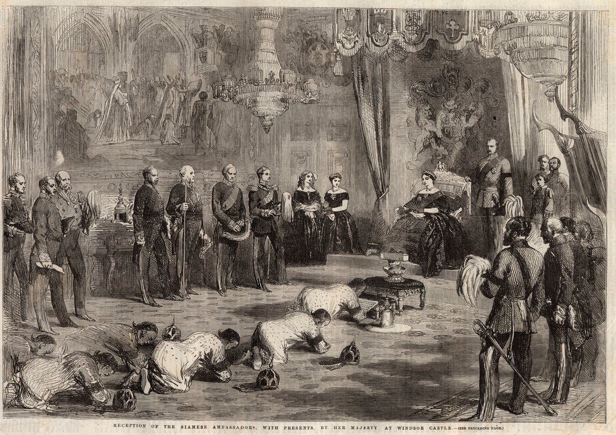 Os embaixadores do Sião rastejaram até a Rainha Victoria Iere (1819-1901) e o Príncipe Alberto (1819-1861) durante sua visita ao Castelo de Windsor. Gravura em "The ilustr London News", de 5 de Dezembro de 1857. de Unknown artist