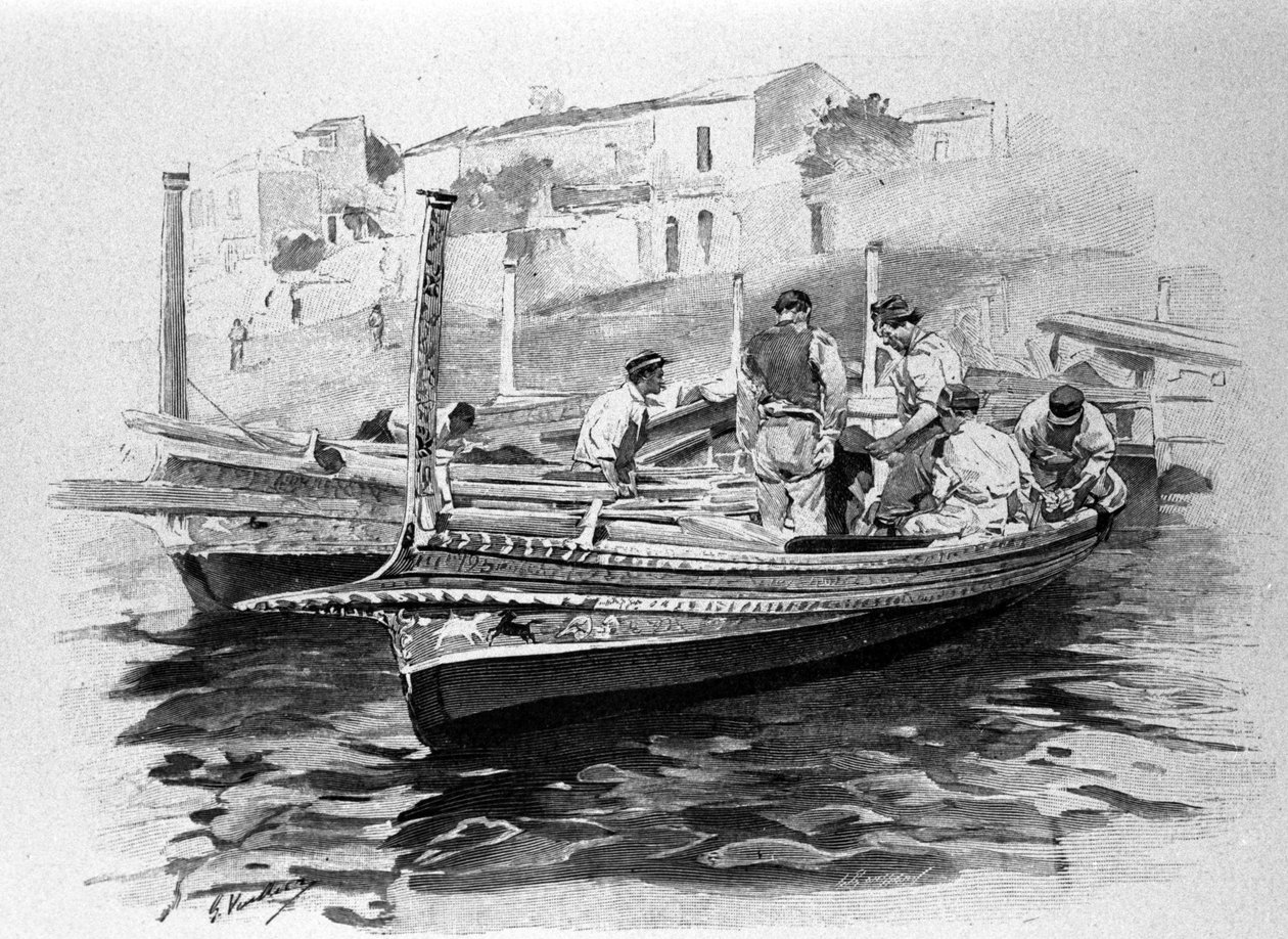 Pescadores sicilianos da região de Lipari. Gravura do século XIX. de Unknown artist