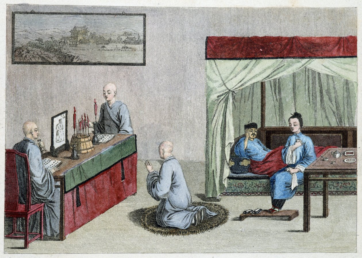 Doente na cama e oração dos monges - China de Unknown artist
