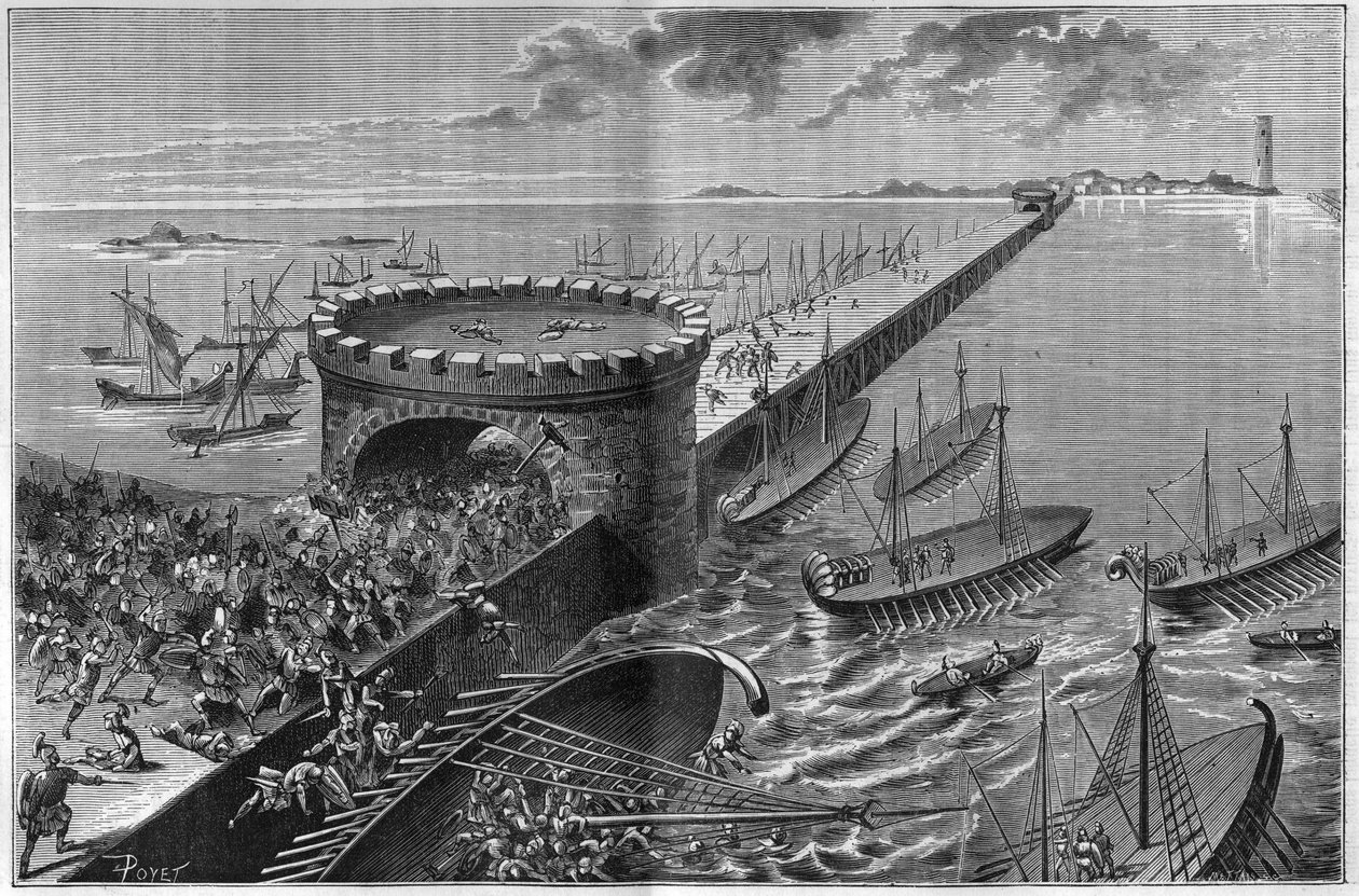 Cerco de Alexandria por Jules Cesar em 47 AC A galera de Cesar sob o peso dos soldados que a invadiram. Gravura de 1885. de Unknown artist