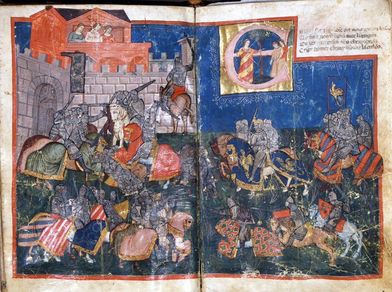 Sítio de Pamplona em Espanha por Carlos Magno Miniatura de "Entree of Spain". Veneza do século XIV, Biblioteca Marciana. de Unknown artist