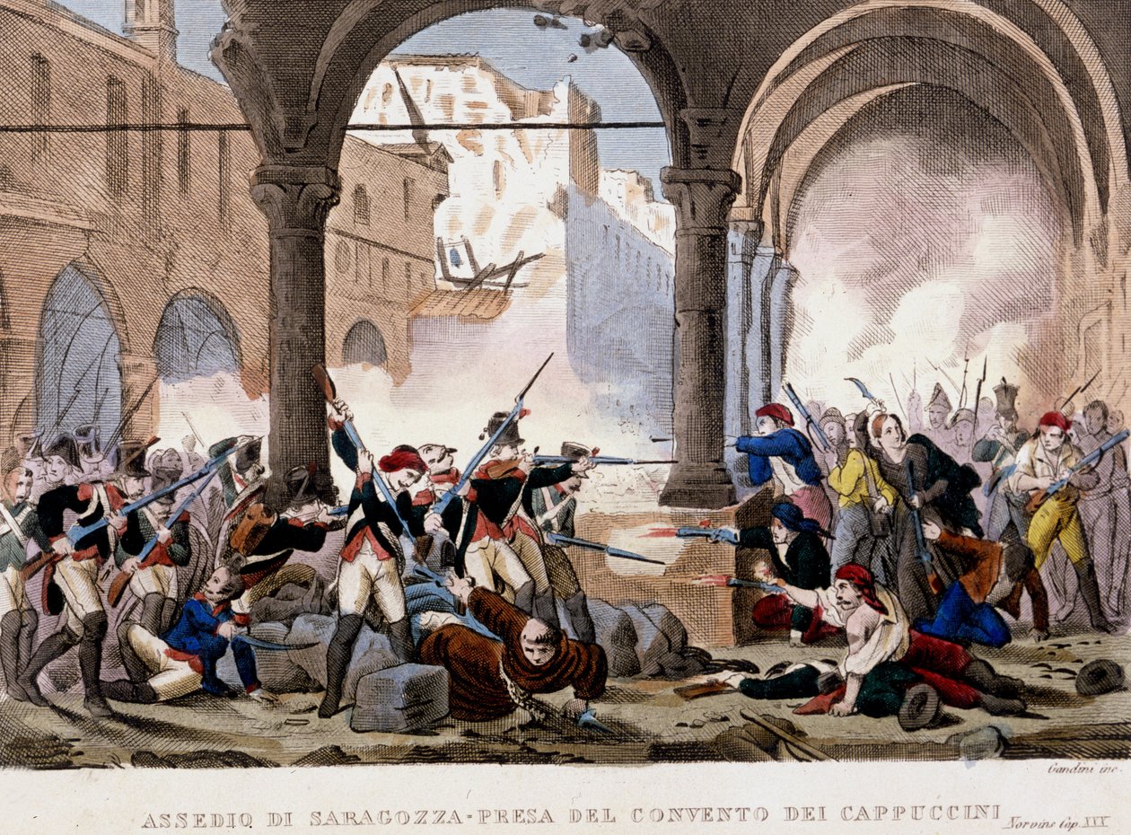 Cerco de Saragoça (Zaragoza) e Convento dos Capuchinhos em 1808. Gravura a cores da época. Milão de Unknown artist