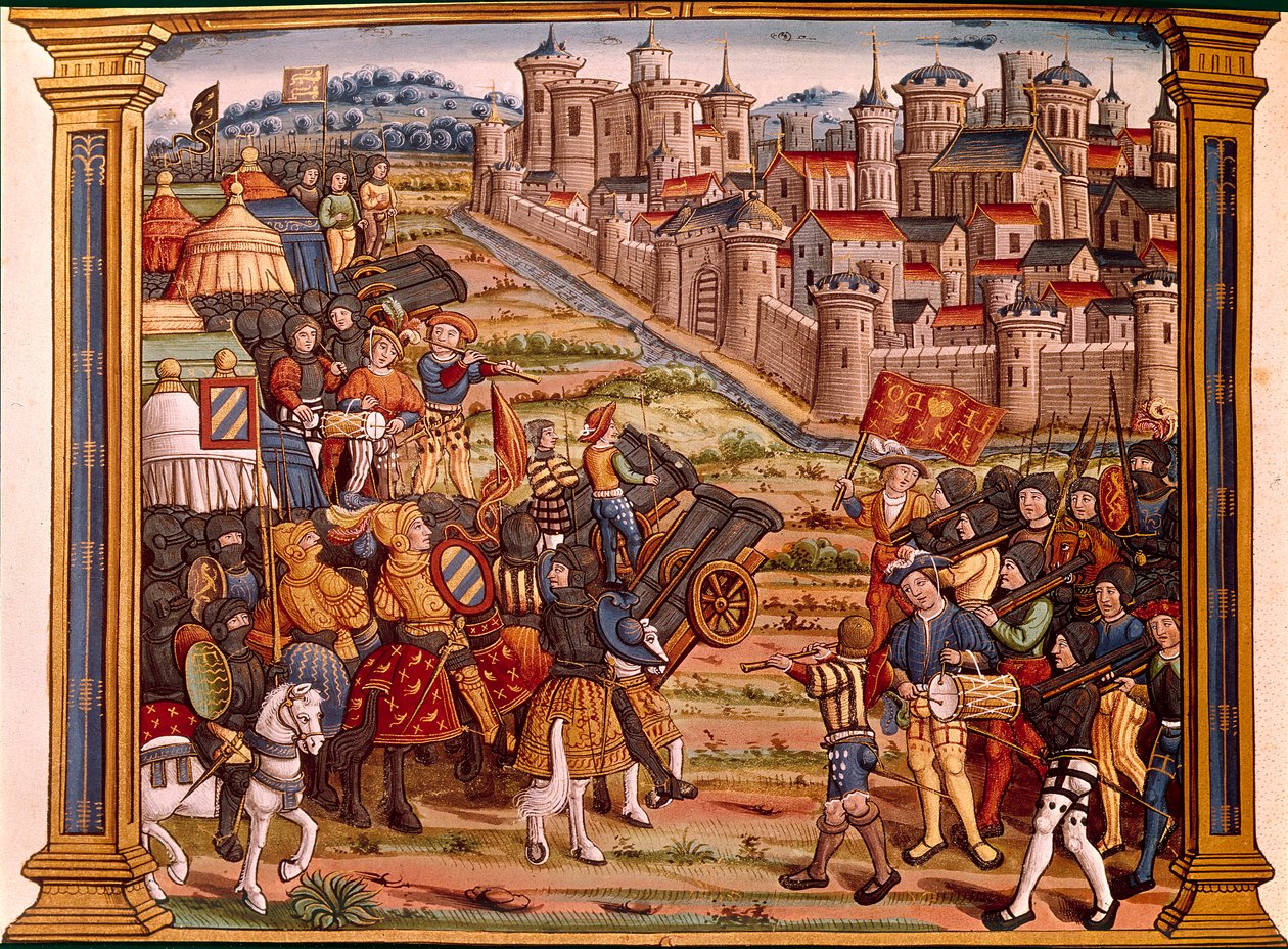 O cerco de uma cidade com bombas: Luís XI contra os Liegeois. Miniatura tira do manuscrito "Les epitaphes des feux kings Louis XIth deste nome e de Carlos seu filho VIII deste nome que deus absoe". de Unknown artist