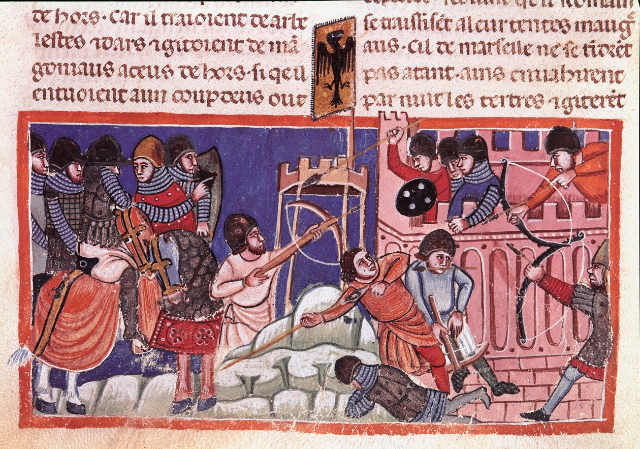 Sítio de uma cidade fortificada. Miniatura de um códice sobre os fatos de Jules Cesar (101 a.C.-44 a.C.) Veneza do século XIV, Biblioteca marciana de Unknown artist