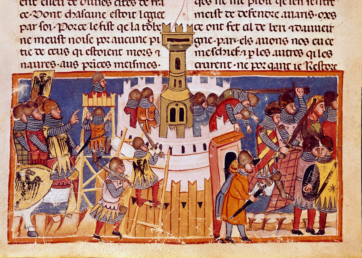Cerco de uma cidade fortificada Miniatura tirada de "Os Fatos dos Romanos", relatando a vida dos doze Césares. Veneza do século XIII, biblioteca Marciana de Unknown artist