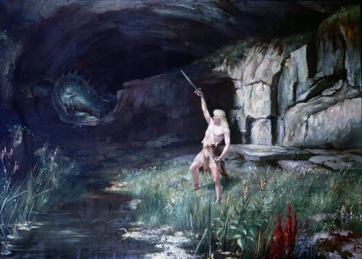 Siegfried, de frente para o dragão Fafner, acenou com a sua espada. Palco da Ópera "Anel dos Nibelungos" de Richard Wagner (1813 - 1883). Pintura. de Unknown artist