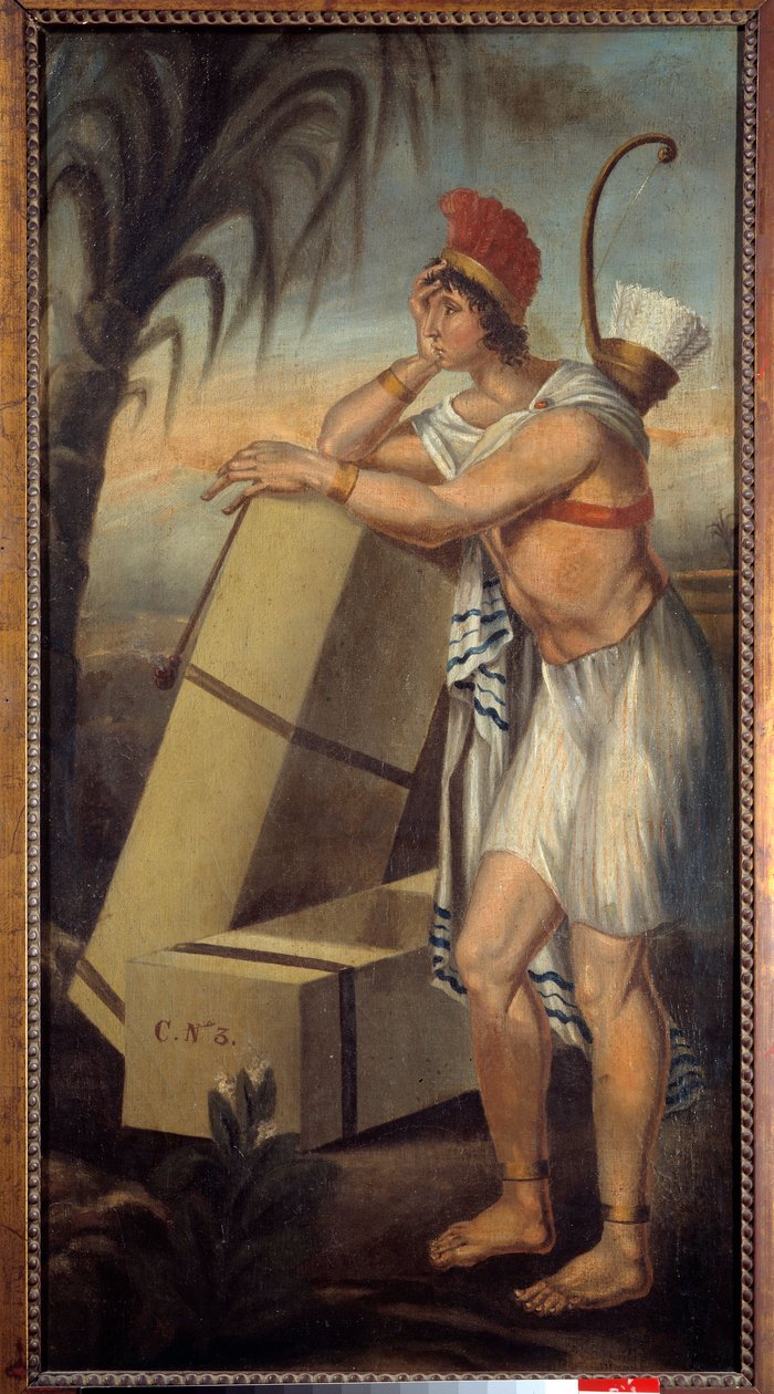 Sinal de comerciantes de tabaco representando um índio americano inclina-se sobre caixas de tabaco prontas para serem enviadas em navios exportadores de produtos do Novo Mundo. La Rochelle. Museu do Novo Mundo de Unknown artist