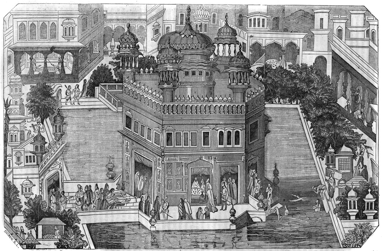 Sikhism: vista do Templo Dourado (Harmandir Sahib), o centro cultural da religião sikh, a bacia e a cidade de Amritsar no estado de Panjab indiano (Reino de Lahore). Em "A pitoresca loja" 1836 de Unknown artist