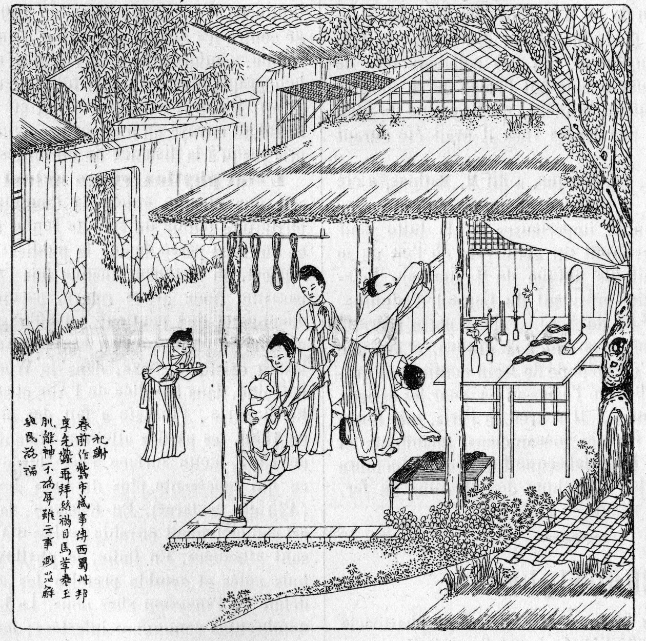 A seda e o verme da seda na China: graças à deusa da seda. Gravura em "La Nature: Revue des sciences et de leurs applications aux arts et a l