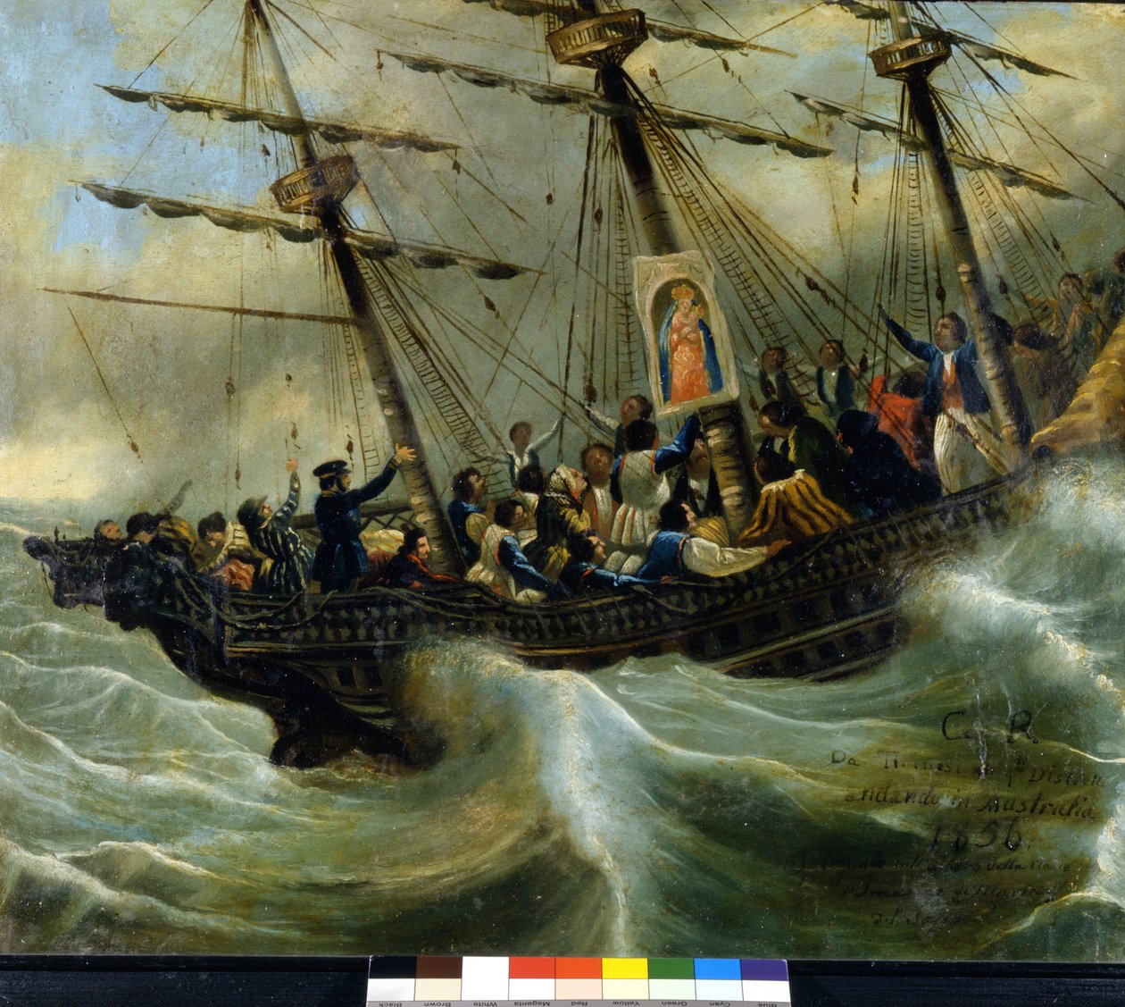 Afundamento de um navio suíço de emigrantes. Ex voto de 1856 do santuário da Madonna del Sasso em Locarno. Pintura atribuída a Giovanni Antonio Vanoni. de Unknown artist