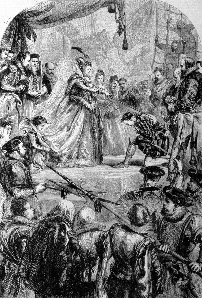 Sir Francis Drake (1540-1596), navegador inglês, foi nomeado cavaleiro pela Rainha Isabel I em 1581. Gravura. de Unknown artist