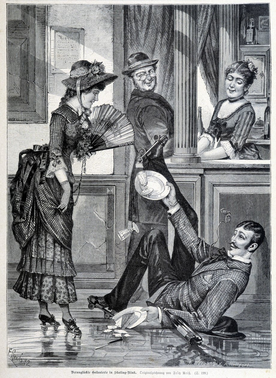 Cena de patinagem numa cervejaria. Um menino cai e quebra os pratos que estava usando (1883). de Unknown artist