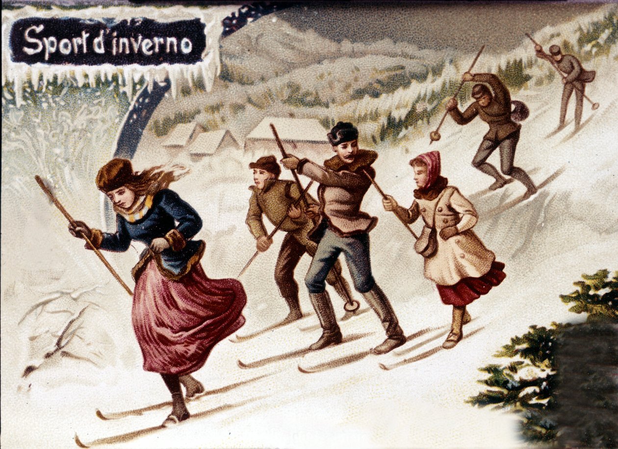 Esquiadores. Chromo., final do século XIX. de Unknown artist