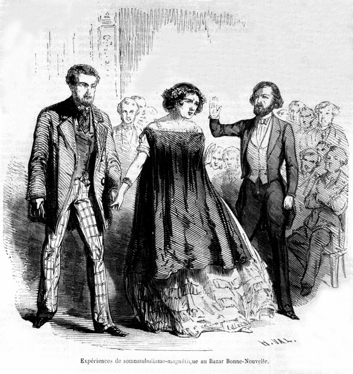 Experiências de sonambulismo: magnetismo e hipnose no Bazar de la Bonne-Nouvelle, gravura de 1885 de Unknown artist