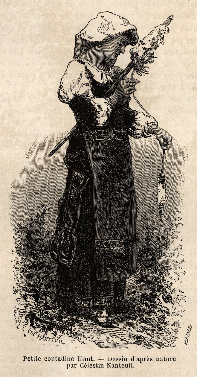 Pequeno contadino (camponês) dos arredores de Roma, fiando a lã com o seu fuso. Gravura para ilustrar a viagem a Roma, de Francis Wey, em 1864-1870, publicada em "Le tour du monde" 1870-1871, editada por Edouard Charton, edição Hachette, Pari de Unknown artist