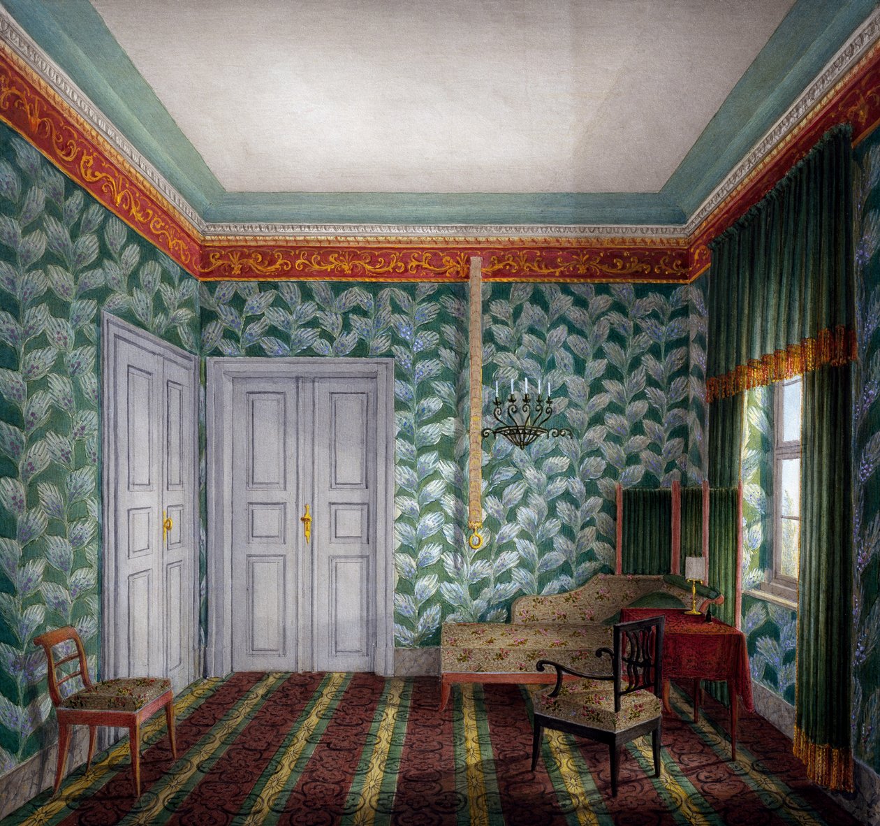 Pequeno quarto de dia com papel de parede verde e folhagem de Unknown artist