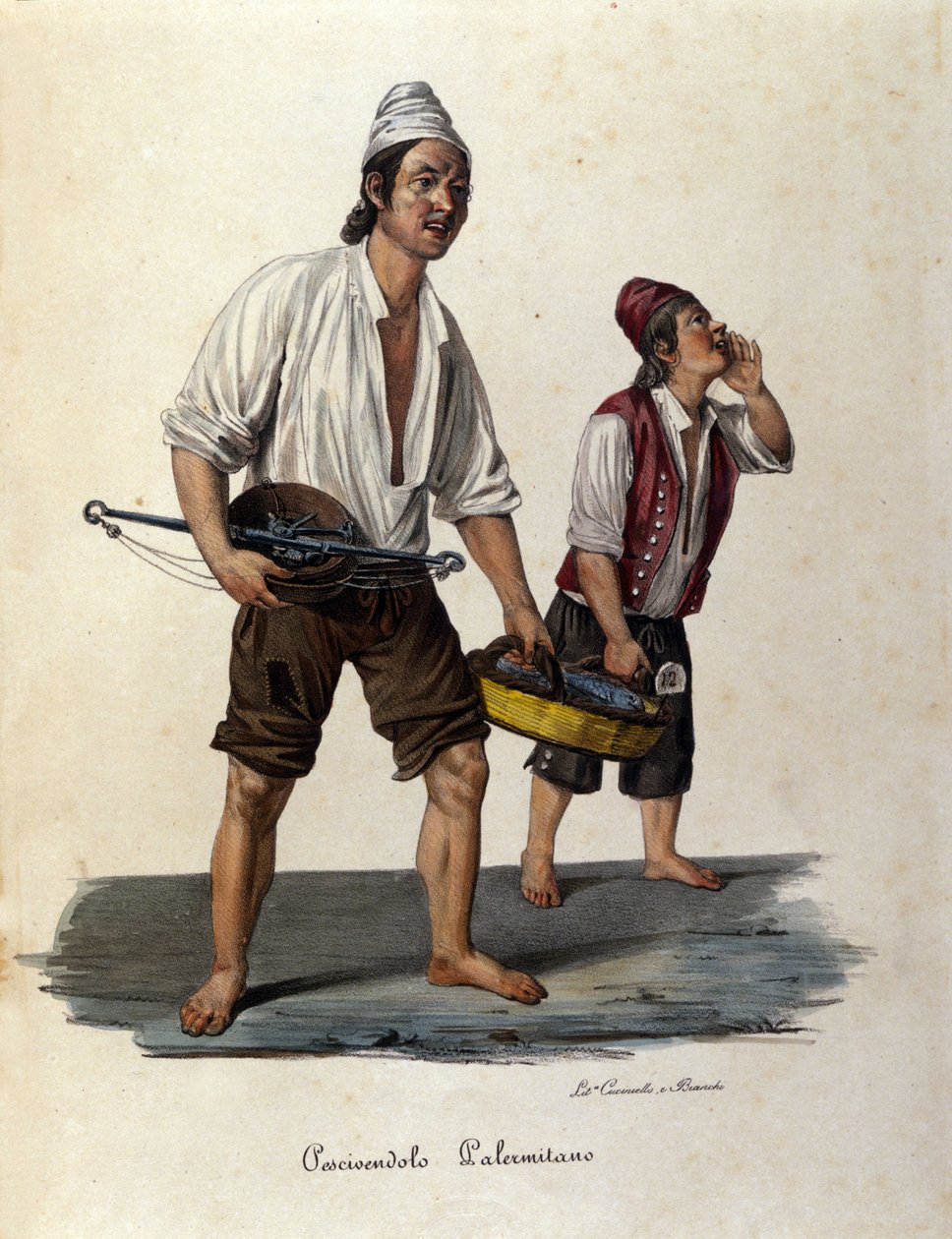 Pequeno metier da rua: vendedores de peixe ambulante. Gravura siciliana do século XIX de Unknown artist