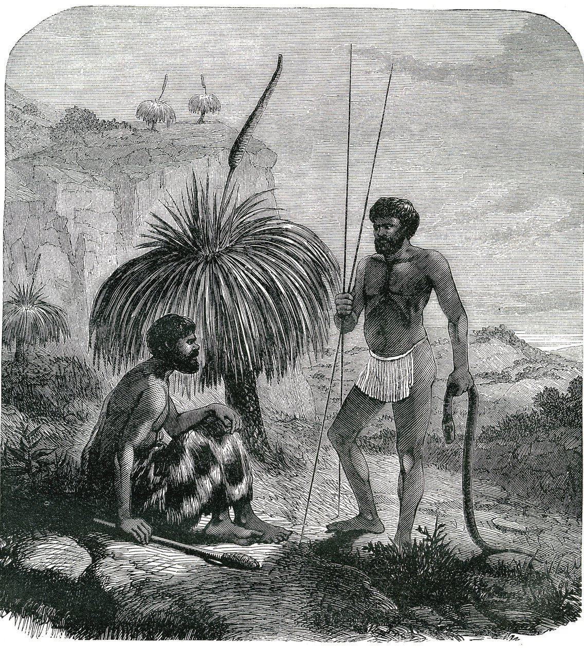 Caçadores de serpentes na Austrália. Gravura de 1868 de Unknown artist