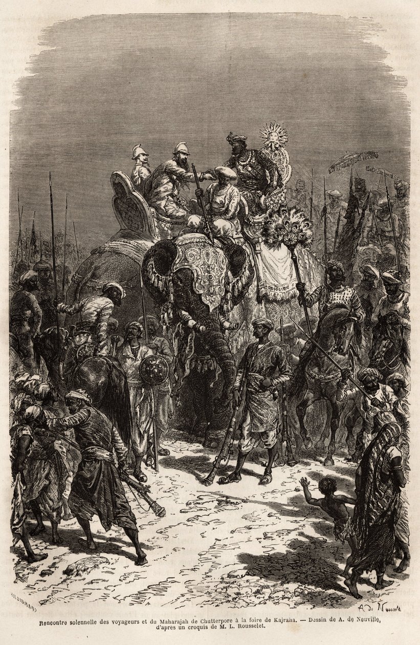 Reunião solene e à mão nas costas de um elefante, entre a equipe de viajantes e o Maharajah de Chutterpore, na feira de Kajraha. Gravura para ilustrar a viagem na Índia dos Rajahs, de Louis Rousselet, em 1864-1868, publicada em "Le de Unknown artist