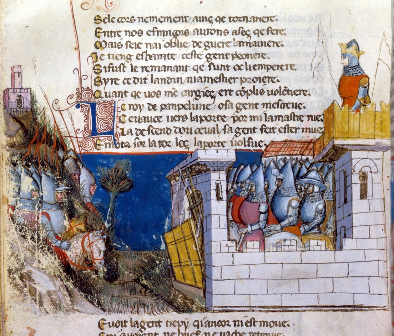 Canto de gesto: um exército prende para atacar o exército inimigo refugiado em um castelo e protegido pela ponte levadiça. Miniatura do manuscrito franco-italiano "Entree d