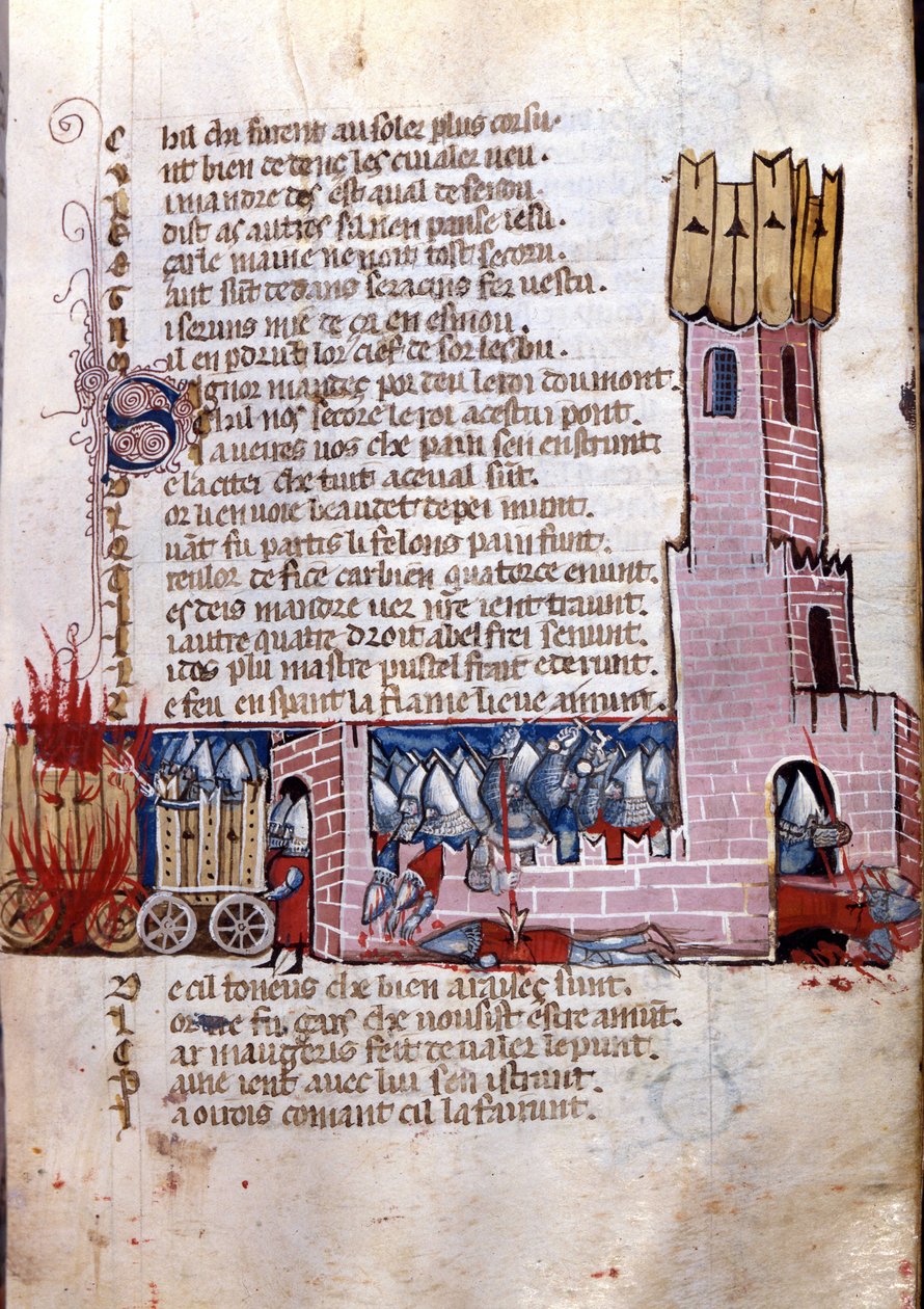 Canto de gesto: cena de combate perto de uma cidade fortificada (provavelmente a conquista da Espanha pelo exército de Carlos Magno). Miniatura do manuscrito franco-italiano "Entreée d