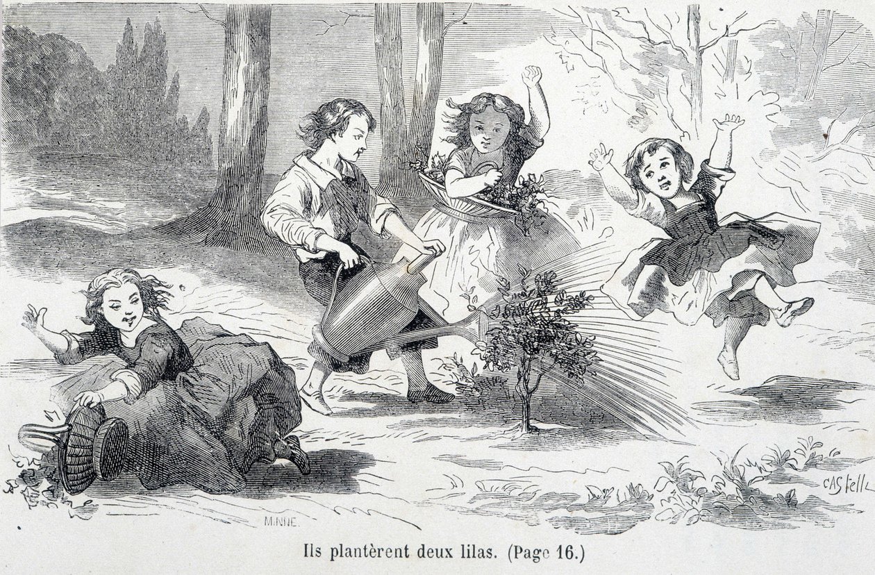 Sophie e seus amigos plantam lilás - em "Os infortúnios da Sophie" pela Condessa de Ségur, Hachette de Unknown artist