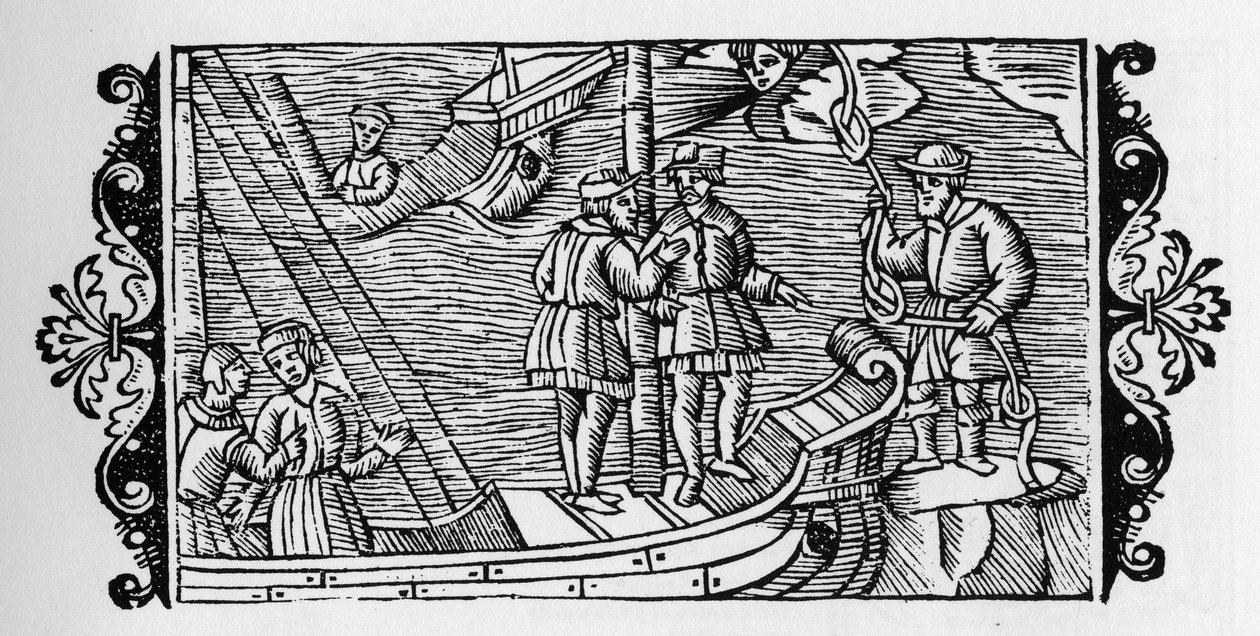 Feiticeiro vendendo aos marinheiros os ventos fechados nos três nós de uma corda - in "Historia de Gentibus Septentrionalibus" (História dos povos do Norte) por Olaus Magnus, Roma 1555 de Unknown artist