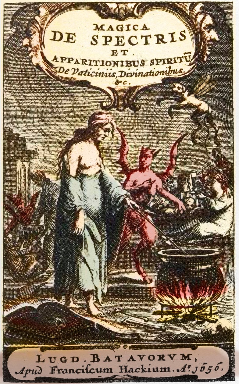 Feiticeiras preparando poções observadas pelos demônios, frontispício de "Magica de spectris et apparitionibus spiritu de vaticiniis, divinationibus", de Henningus Grosius de Unknown artist