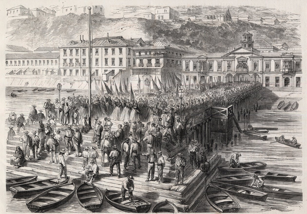 Guerra Hispânica Sul-Americana entre Chile e Espanha, setembro de 1865: as damas de Valparaíso, na presença do esquadrão espanhol bloqueando o porto, cantam hinos patrióticos - Gravando em "O Mundo Ilustrado de Unknown artist