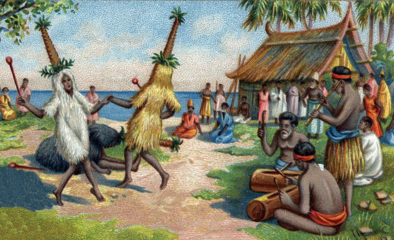 Dançarinos das Ilhas do Pacífico Sul: eles usam roupas feitas de penas de beija-flor, cacatuas e pássaros do Paraíso em cerimônias religiosas. Cromolitografia do século XIX de Unknown artist