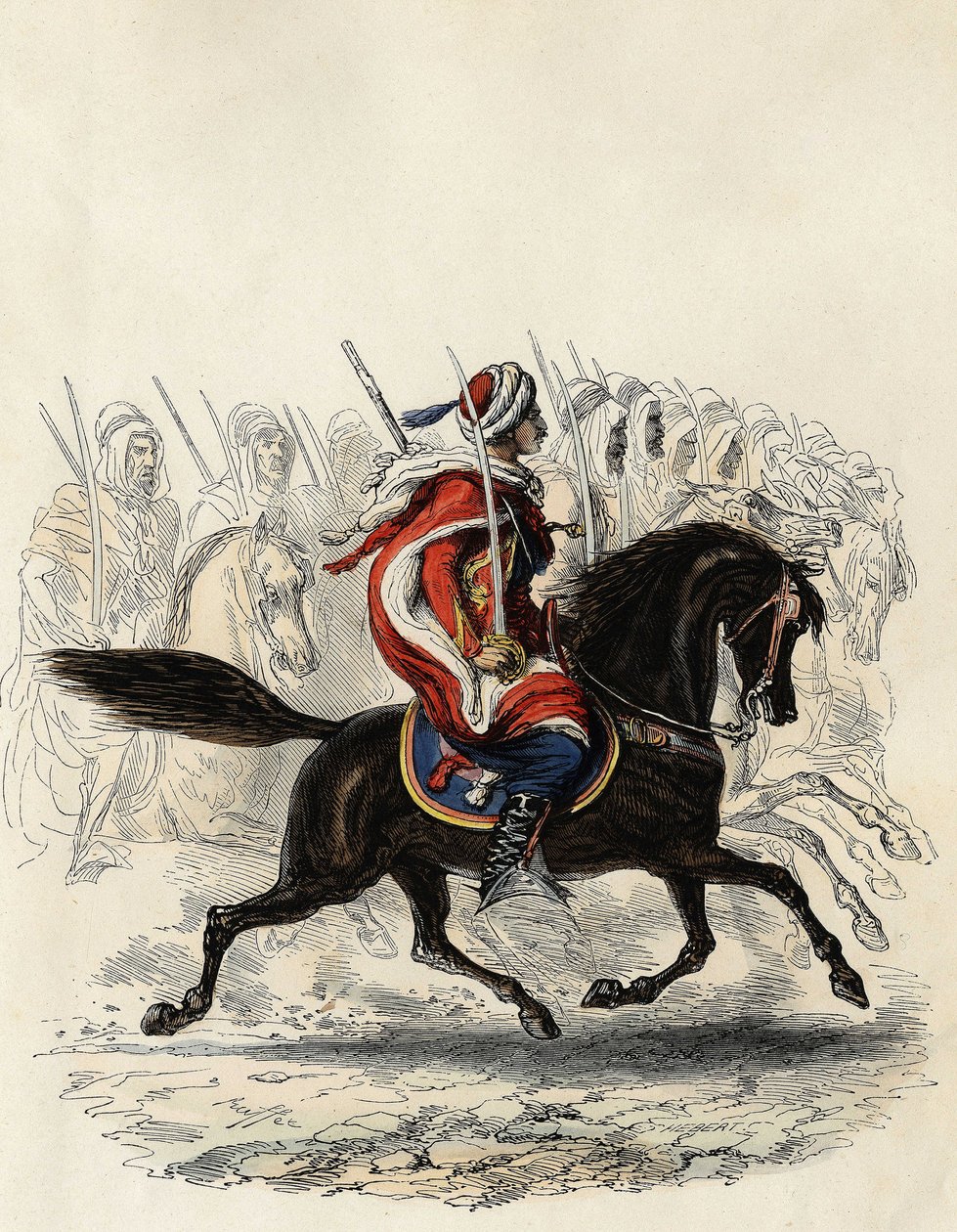 Spahis (corpo de cavalaria indiano do exército francês) composto principalmente por cavaleiros árabes treinados para a província de Argel em 1834, d