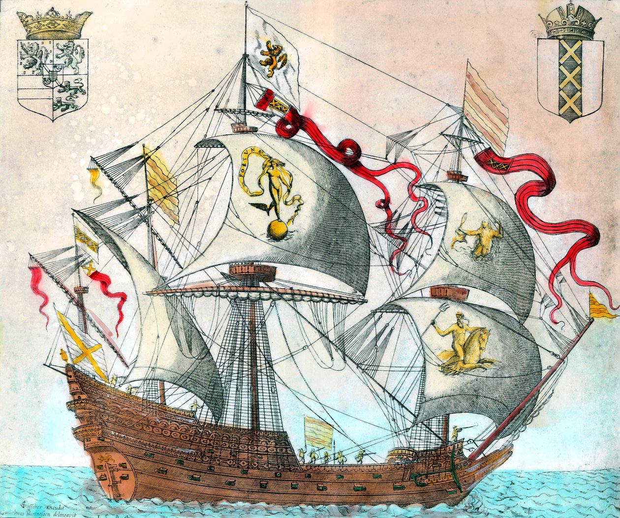 Navio espanhol do século XVI. Gravura do século XVI. BN, Paris. de Unknown artist