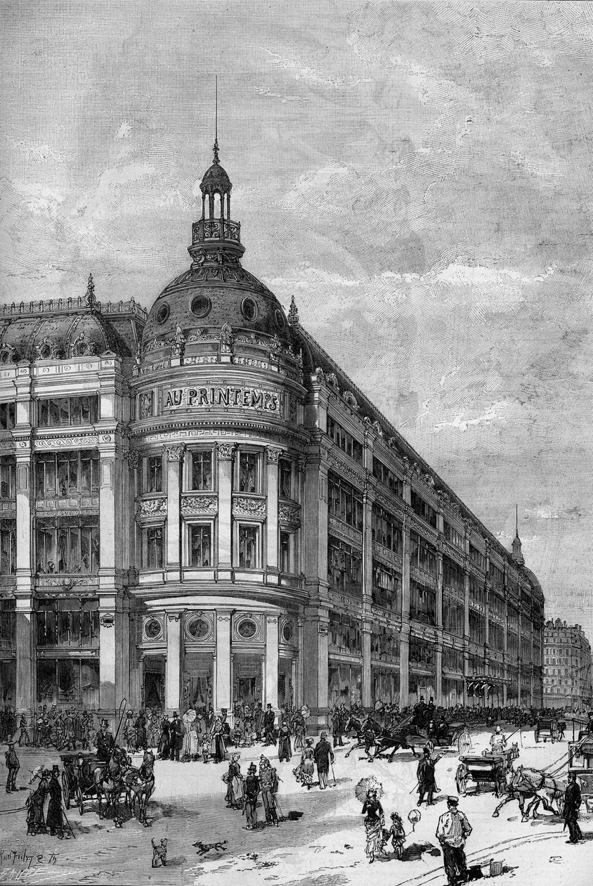 Lojas de departamento Spring em Paris, em 1883. O pavilhão da esquina entre a rue de Provence e a rue Caumartin. de Unknown artist