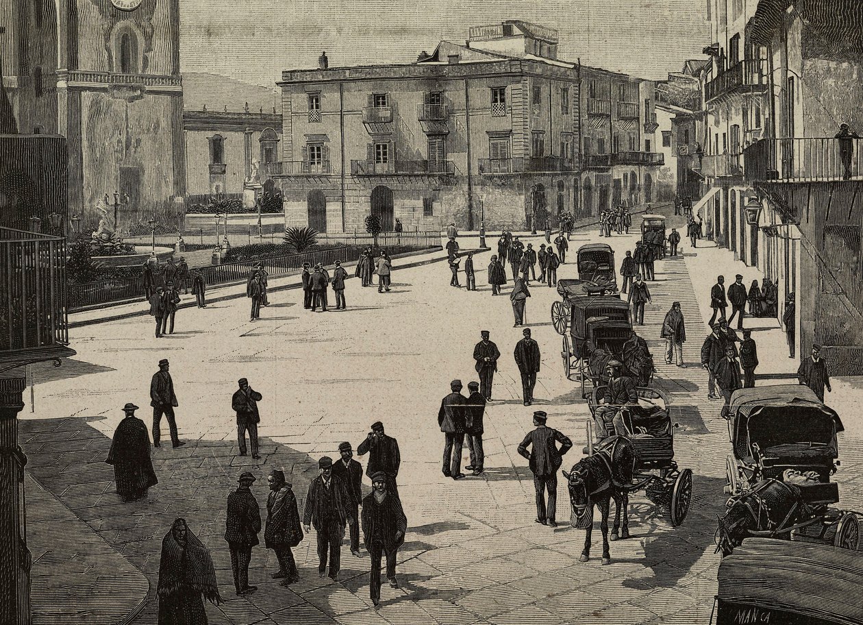 Praça e Câmara Municipal de Monreale, insurreição dos Fasci Siciliani, Itália, gravura a partir de uma fotografia de E Interguglielmi de L