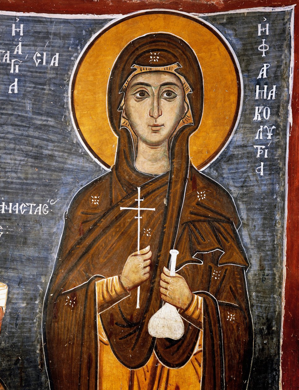 Santa Anastasia, curandeira de cavalos com garrafa de remédios e cruz, igreja bizantina de Nossa Senhora de Asinou (século 12) (Lista do Patrimônio Mundial da Unesco, 2001), montanhas Troodos, Chipre, Detalhe de Unknown artist