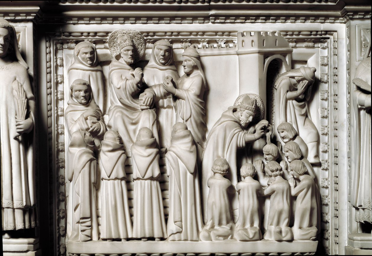 Arca de Santo Agostinho com as relíquias do santo, detalhe do relevo mostrando a disputa e o batismo por Santo Agostinho. Escultura em mármore de Unknown artist