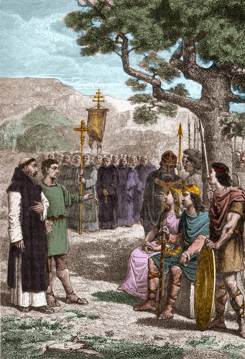 Santo Agostinho de Cantuária (d 604) pregando diante de Ethelbert (552? -616) Rei anglo-saxão de Kent a quem batizou em 597 - Agostinho enviado pelo Papa Gregório I para converter os anglo-saxões ao cristianismo - Representação de Santo Agostinho de Cantuá de Unknown artist