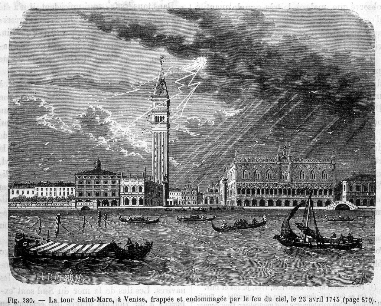 Torre de São Marcos em Veneza atingida e danificada pelo fogo do céu em 23 de Abril de 1745 - em "As maravilhas da ciência" de Louis Figuier de Unknown artist