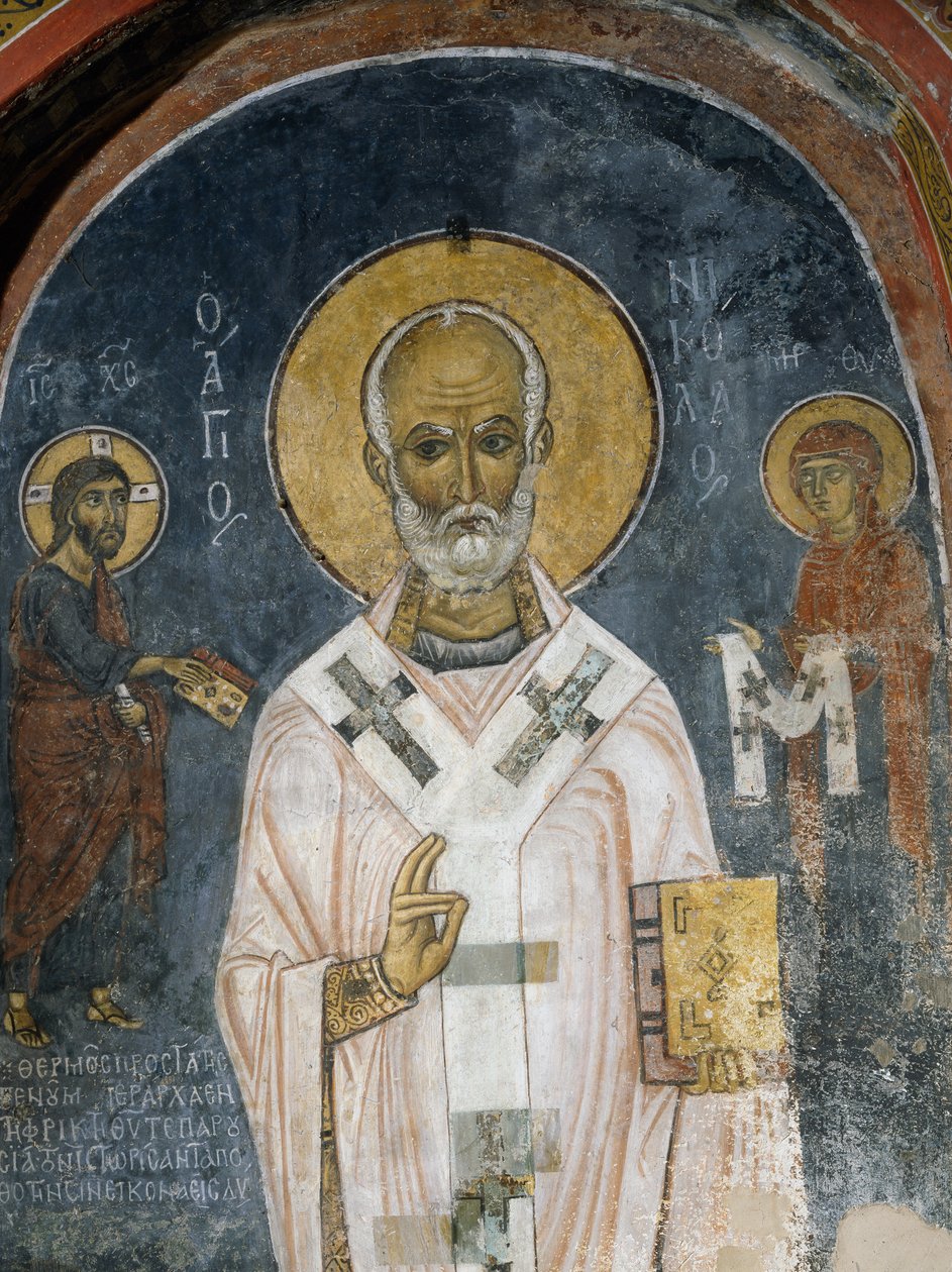São Nicolau de Myra, fresco (século XII), Igreja de Ayios Nikolaos tis Steyis (São Nicolau de Telhado) (século XI) (Lista do Património Mundial da Unesco, 2001), Montanhas de Troodos, Chipre de Unknown artist