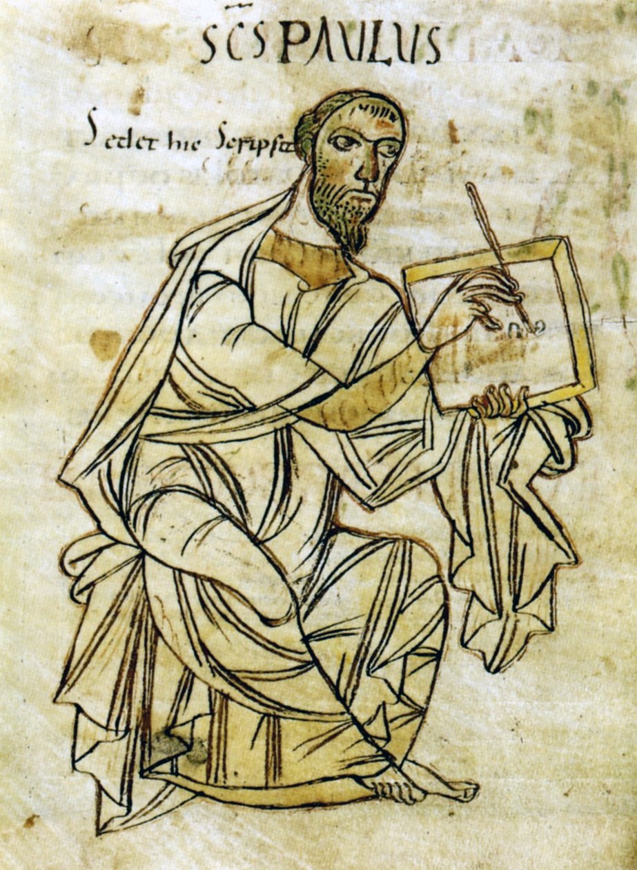 A escrita de S. Paulo, de uma versão manuscrita do início do século IX das cartas de S. Paulo (vellum) de Unknown artist