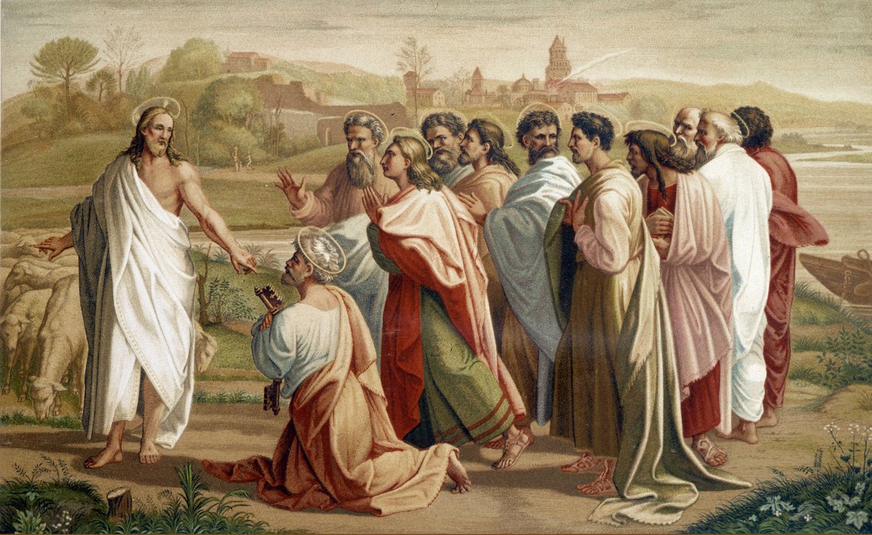 A Missão de São Pedro: Jesus confia o seu rebanho a Pedro na presença dos outros apóstolos - segundo a pintura do século XVI de Unknown artist