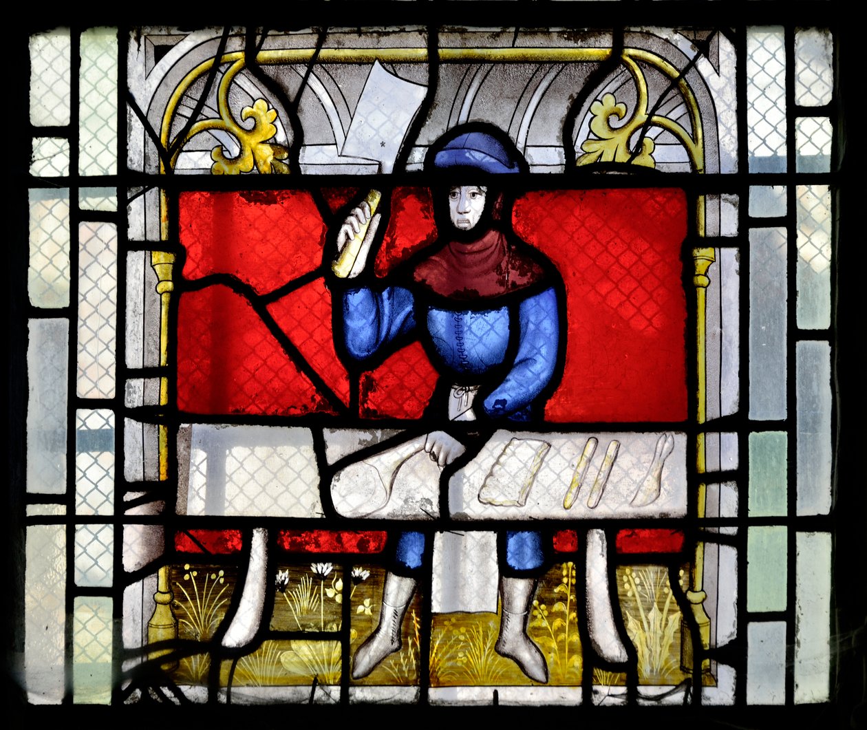 Janela de vidro manchado mostrando um açougueiro a trabalhar, final do século XVI - Capela Sainte Claude (Sainte-Claude) da Igreja Collegiale Notre-Dame de Semur-en-Auxois (Notre Dame de Semur en Auxois), Borgonha de Unknown artist
