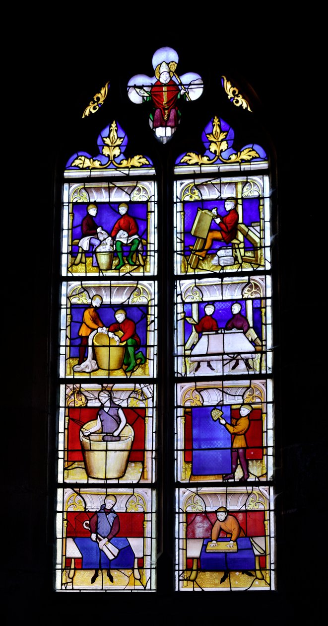 Janela manchada mostrando a confecção de pano, meados do século XV - Chapelle Saint Blaise (Saint Blaise) da Igreja Collegiale Lady of Semur-en-Auxois (Notre Dame de Semur en Auxois), Borgonha de Unknown artist