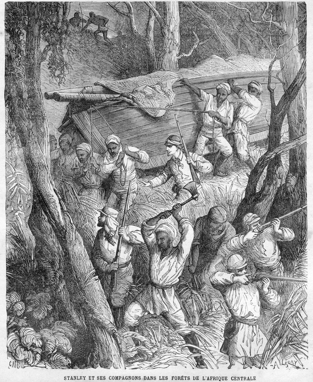 Stanley em África - A expedição de Stanley à África Central 1874-1877: Marchando pela selva - Corte de madeira depois de um desenho de Horace Castelli (1825-1889). de Unknown artist