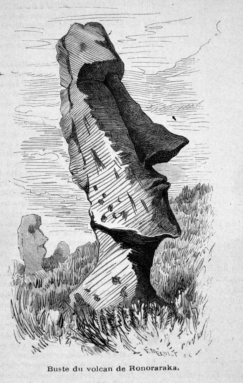 Estátua colocada na encosta do vulcão Ronoraraka na Ilha de Páscoa (Rapa Nui). de Unknown artist