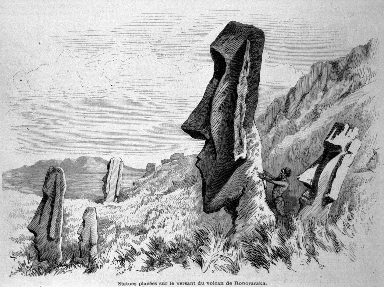 Estátuas colocadas na encosta do vulcão de Ronoraraka na Ilha de Páscoa (Rapa Nui). Gravura de 1871. de Unknown artist