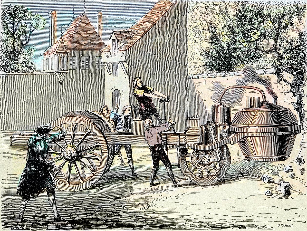 Carro movido a vapor inventado por Nicolas Joseph Cugnot (1725-1804) que saiu do controle e derrubou parte de um muro em 1770 (primeiro relato de "acidente de automóvel") - no "Album de la Science; cientistas ilustres; Grandes Descobertas" 1896 de Unknown artist