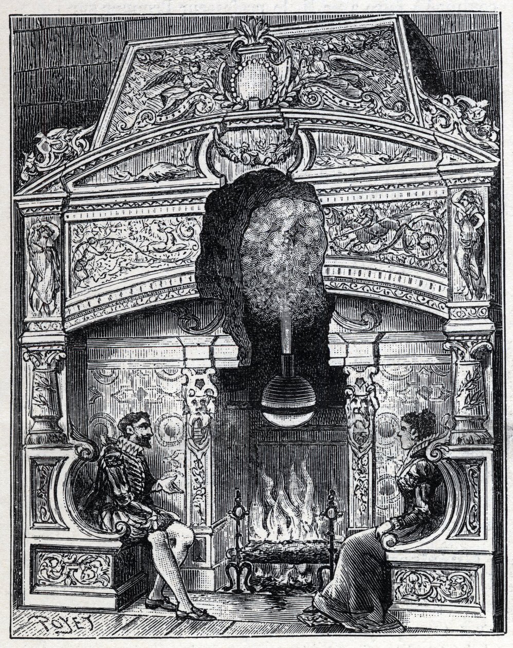 Vapor e calor solar: Lareira Eolipyl, vapor e sistema de máquinas de reacção originalmente concebidos por Heron of Alexandria (80 BC). Gravura em "La Nature". de Unknown artist