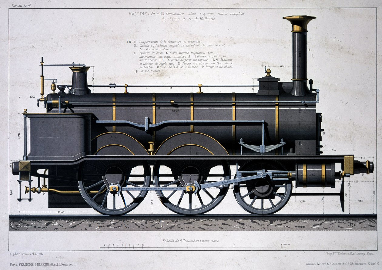 Locomotiva a vapor do Mulhouse Railway - desenho na lavagem de Unknown artist